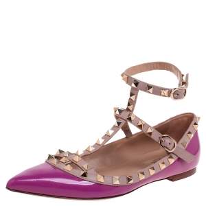 Pre Owned Valentino Pink Patent Leather Rockstud Ankle Strap Pointed Toe Flats Size 37