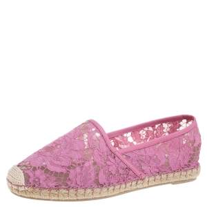 Pre Owned Valentino Pink Lace Espadrille Flats Size 39