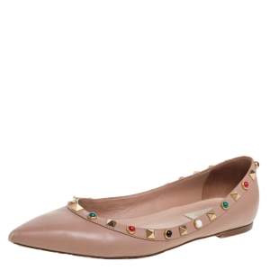 Pre Owned Valentino Beige Leather Rolling Rockstud Pointed Toe Ballet Flats Size 37.5