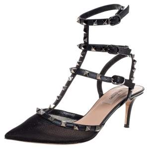 Pre Owned Valentino Black Leather And Mesh Rockstud Triple T Strap Pointed Toe Sandals Size 38.5