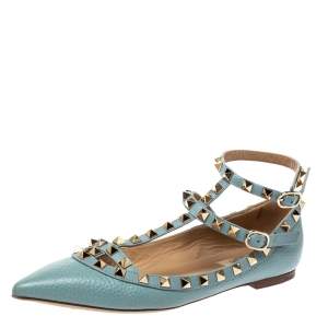 Pre Owned Valentino Pale Blue Leather Rockstud Flats Size 37