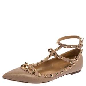 Pre Owned Valentino Blush Pink Leather Rockstud Ankle Cuff Ballet Flats Size 39.5