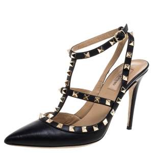Pre Owned Valentino Black Leather Rockstud Accents Leather T Strap Pointed Toe Sandals Size 40