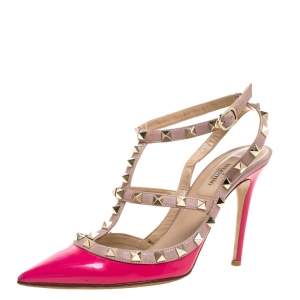 مملوكة مسبقًا Valentino Pink Patent Leather Rockstud Ankle Strap Sandals Size 37.5