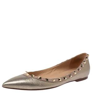 Pre Owned Valentino Metallic Leather Rockstud Ballet Flats Size 38.5