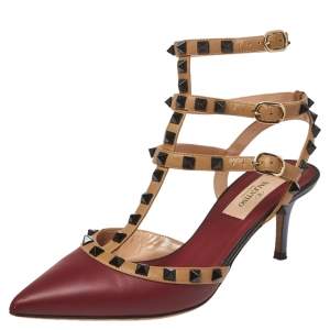 Pre Owned صندل فالنتينو جلد عنابي / بيج روكستد بمقدمة مدببة وحزام كاحل مقاس 37