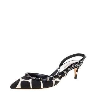 Pre Owned Valentino Black/White Dalmatian Print Canvas And Leather Rockstud D'orsay Slingback Sandals Size 37