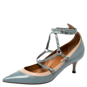 Pre Owned Valentino Blue/Beige Leather Kitten Heels Ankle Strap Pointed Toe Pumps Size 39.5