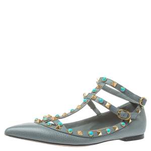Pre Owned Valentino Grey Leather Rolling Rockstud Ankle Strap Ballerina Flats Size 37.5