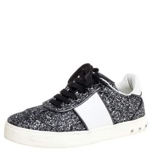Valentino Metallic Grey/White Glitter And Leather Flycrew Low Top Sneakers Size 37