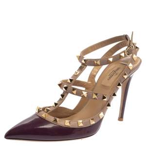 مملوكة مسبقًا صندل فالنتينو مرصع روكستد سير كاحل جلد لامع بنفسجي مقاس 38.5