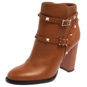 Pre Owned Valentino Tan Leather Rockstud Block Heel Ankle Boots Size 37