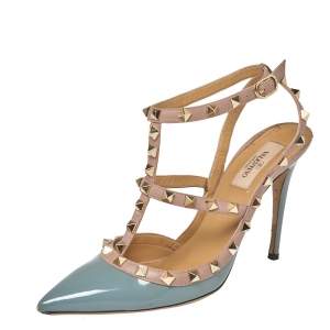 Pre Owned Valentino Gray/Beige Patent Leather Rockstud Ankle Strap Sandals Size 39