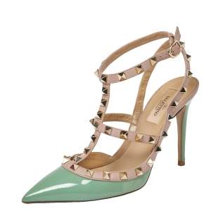 Pre Owned Valentino Green/Beige Patent Leather Rockstud Ankle Strap Sandals Size 37