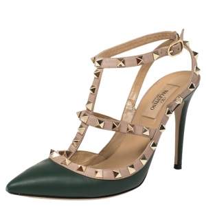 Valentino Green/Beige Leather Rockstud Pointed Toe Ankle Strap Sandals Size 37