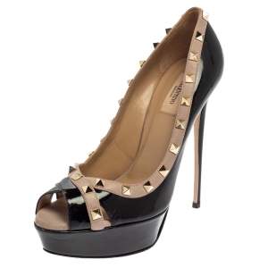 Pre Owned Valentino Black Leather Rockstud Peep Toe Platform Pumps Size 40