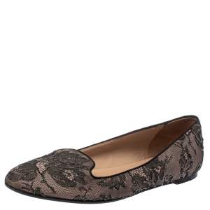 Pre Owned Valentino Black Glitter Lace Smoking Slippers Size 39