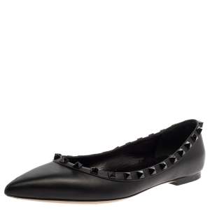 Pre Owned Valentino Black Leather Rockstud Flats Size 38