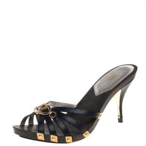 Pre Owned Valentino Vintage Black Leather Logo Embellished Slide Sandals Size 37.5