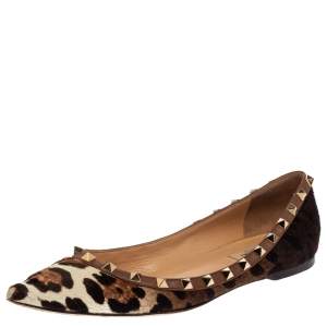 Pre Owned Valentino Brown Leopard Print Calf Hair Rockstud Ballerina Flats Size 39.5
