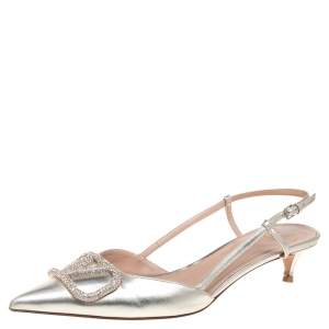 Pre Owned Valentino Metallic Leather VLogo Signature Slingback Pumps Size 39