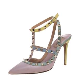Pre Owned Valentino Tricolor Leather Rockstud Pointed Toe Ankle Strap Sandals Size 39.5