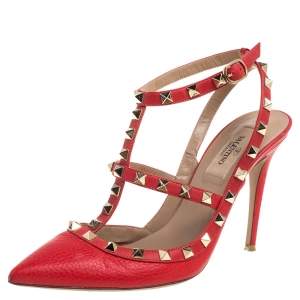 مملوكة مسبقًا Valentino Red Leather Rockstud Ankle Strap Caged Sandals Size 38
