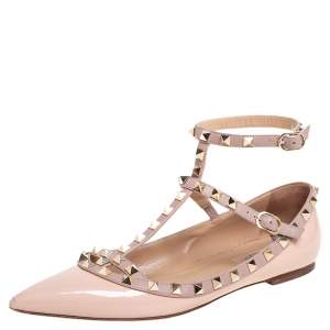 Pre Owned Valentino Beige Patent Leather T Strap Rockstud Pointed Toe Ballet Flats Size 39.5