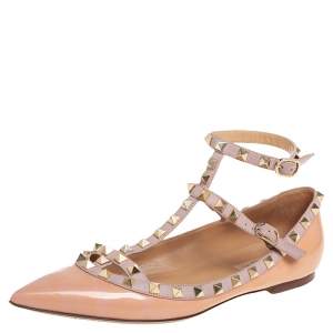 Pre Owned Valentino Beige Patent And Leather Rockstud Flats Size 39.5