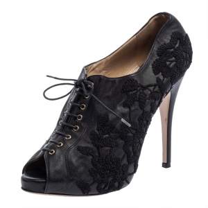 Valentino Black Leather Floral Embroidered Peep Toe Ankle Booties Size 40
