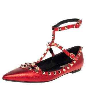Pre Owned Valentino Metallic Red Leather Rockstud Flat  Ankle Strap Sandals Size 39