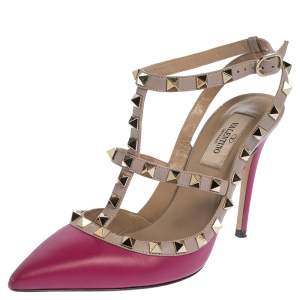 Valentino Pink/Beige Leather Rockstud Strappy Pointed Toe Sandals Size 37