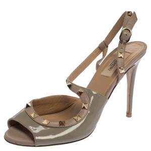 Valentino Grey/Pink Patent Leather Rockstud Peep Toe Sandals Size 39
