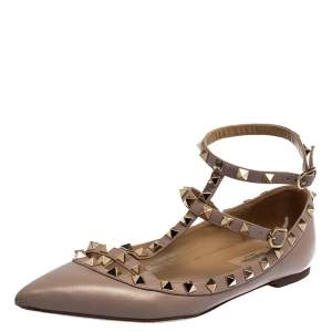 Pre Owned Valentino Beige Leather Rockstud Ankle Strap Ballet Flats Size 38 