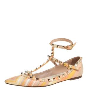 Pre Owned Valentino Multicolor Leather Rockstud Ankle Cuff Ballet Flats Size 37