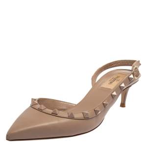 مملوكة مسبقًا Valentino Beige Leather Rockstud D'orsay Slingback Sandals Size 37.5
