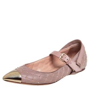 Pre Owned Valentino Pink Quilted Leather Rockstud Metal Cap Toe Ballerina Flats Size 37.5