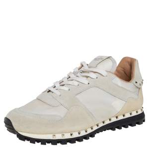 Valentino White/Cream Suede And Nylon Rockstud Sneakers Size 41