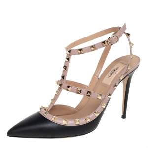 مملوكة مسبقًا Valentino Black/Beige Leather Rockstud Pointed Toe Ankle Strap Sandals Size 40