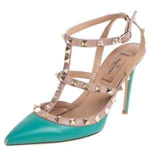 Valentino Green/Beige Leather Rockstud Pointed Toe Ankle Strap Sandals Size 36.5