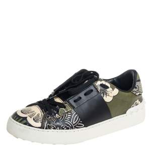 Valentino Black/Army Green Floral Printed Leather Rockstud Low Top Sneakers Size 38.5