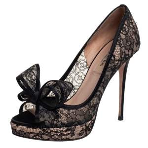 Valentino Black Lace Couture Bow Peep Toe Platform Pumps Size 36