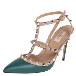 مملوكة مسبقًا صندل فالنتينو جلد بيج/أخضر مزرق مرصع روكستد مقدمة مدببة سير كاحل مقاس 41