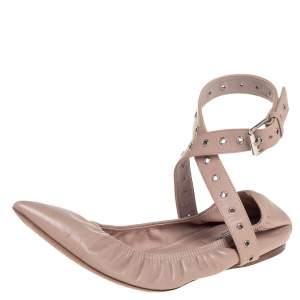 Valentino Beige Leather Love Latch Ankle Strap Scrunch Ballet Flats Size 37.5