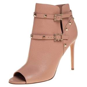 Pre Owned Valentino Beige Leather and Rockstud Peep Toe Booties Size 40