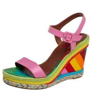 Valentino Pink Leather And Multicolor Chevron Wedge Ankle Strap Sandals Size 38.5