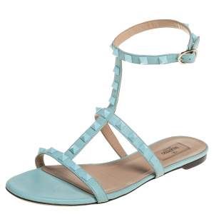 Pre Owned Valentino Blue Leather Rockstud Ankle Strap Flats Size 40