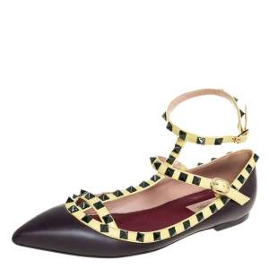 Valentino Brown/Yellow Patent And Leather Rockstud Ballet Flats Size 39