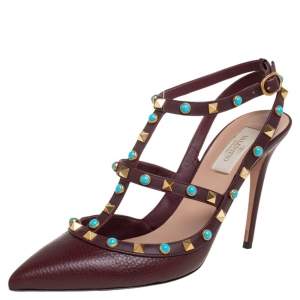 مملوكة مسبقًا Valentino Burgundy Leather Rolling Rockstud Sandals Size 40