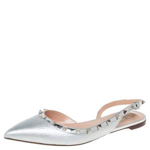 Pre Owned Valentino Silver Patent And Leather Rockstud Slingback Flats Size 39.5